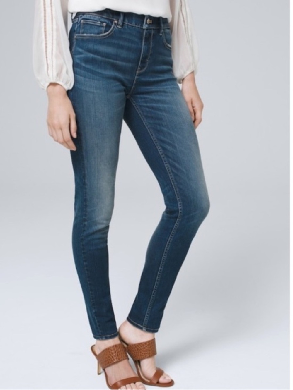 White House Black Market Cashmere Denim High-Rise Midwash Blue Skinny Jeans